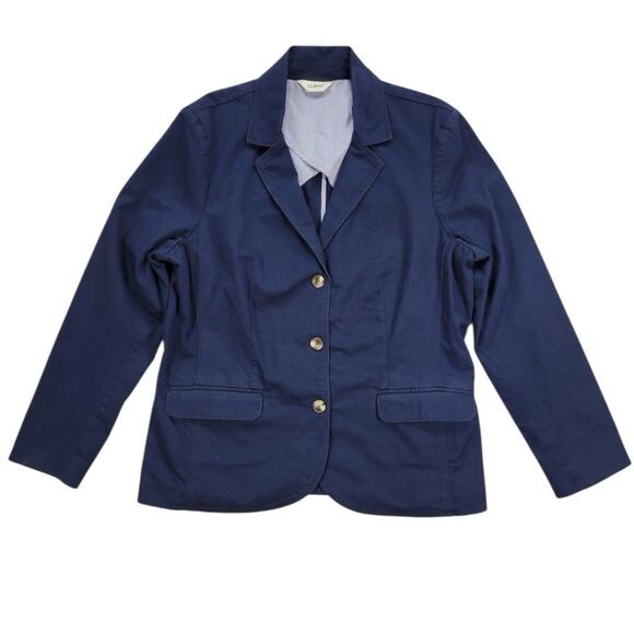LL Bean Women's Navy Blue Blazer Jacket 3 Button Cotton Sz M Work Preppy Stretch - Picture 1 of 12